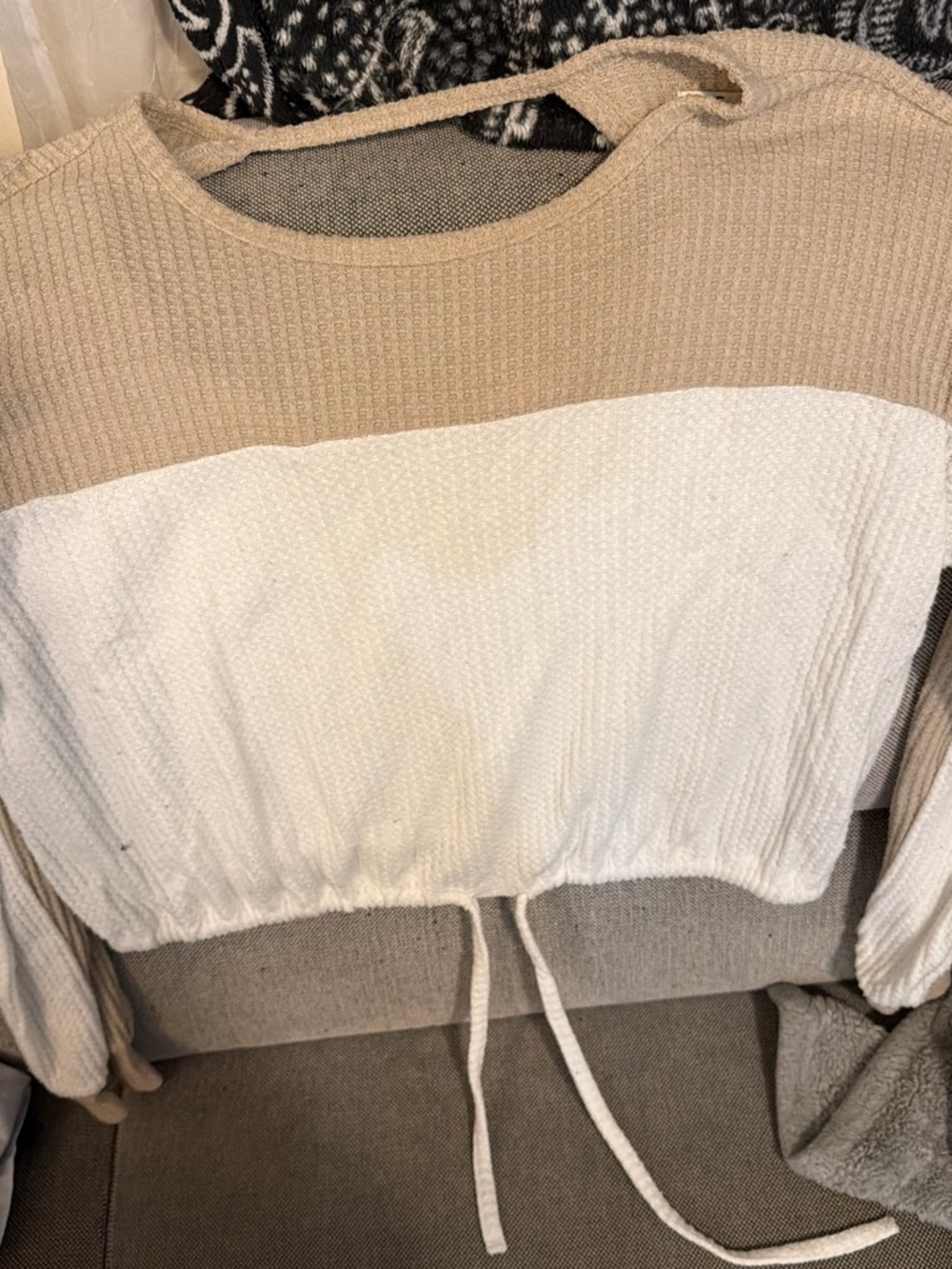 Hollister Beige and White Colorblock Waffle-Knit Crew Sweater with Drawstring